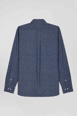 Regular navy cotton poplin shirt with micro floral print