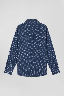 Regular navy cotton poplin shirt with micro floral print