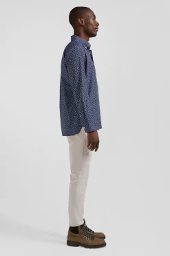 Regular navy cotton poplin shirt with micro floral print