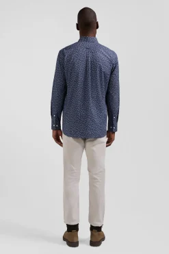 Regular navy cotton poplin shirt with micro floral print