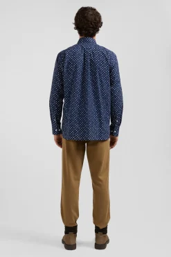 Regular navy cotton poplin shirt with micro floral print