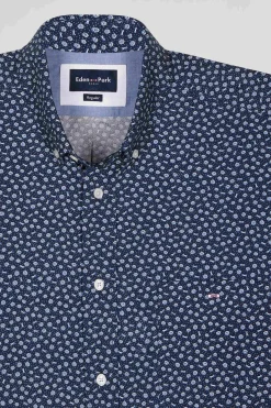 Regular navy cotton poplin shirt with micro floral print