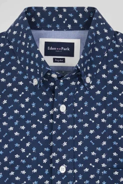 Regular navy cotton poplin shirt with micro floral print