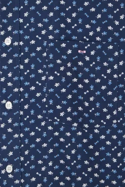 Regular navy cotton poplin shirt with micro floral print