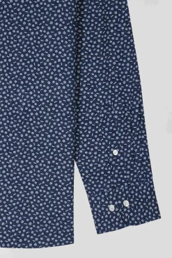 Regular navy cotton poplin shirt with micro floral print