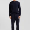 Regular navy long-sleeved cotton T-shirt with striped bow tie embroidery