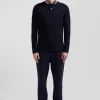 Regular navy long-sleeved cotton piqué polo shirt