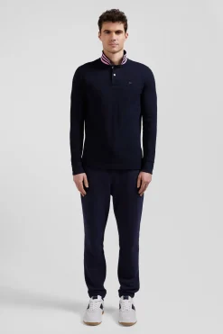Regular navy long-sleeved cotton piqué polo shirt