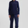 Regular navy long-sleeved cotton piqué polo shirt with jacquard collar and rubber badge