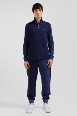 Regular navy long-sleeved cotton piqué polo shirt with jacquard collar and rubber badge