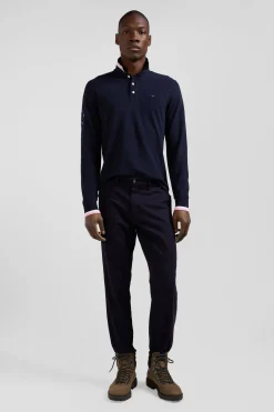 Regular navy long-sleeved cotton piqué polo shirt with XV de France embroidery