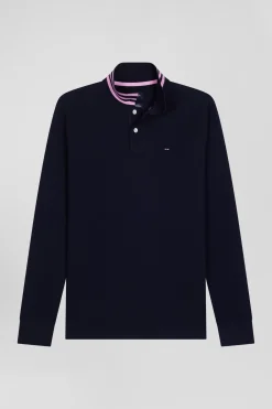 Regular navy long-sleeved cotton piqué polo shirt