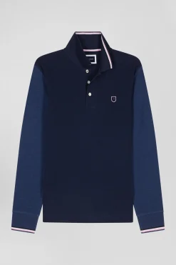 Regular navy long-sleeved cotton piqué polo shirt with jacquard collar and rubber badge