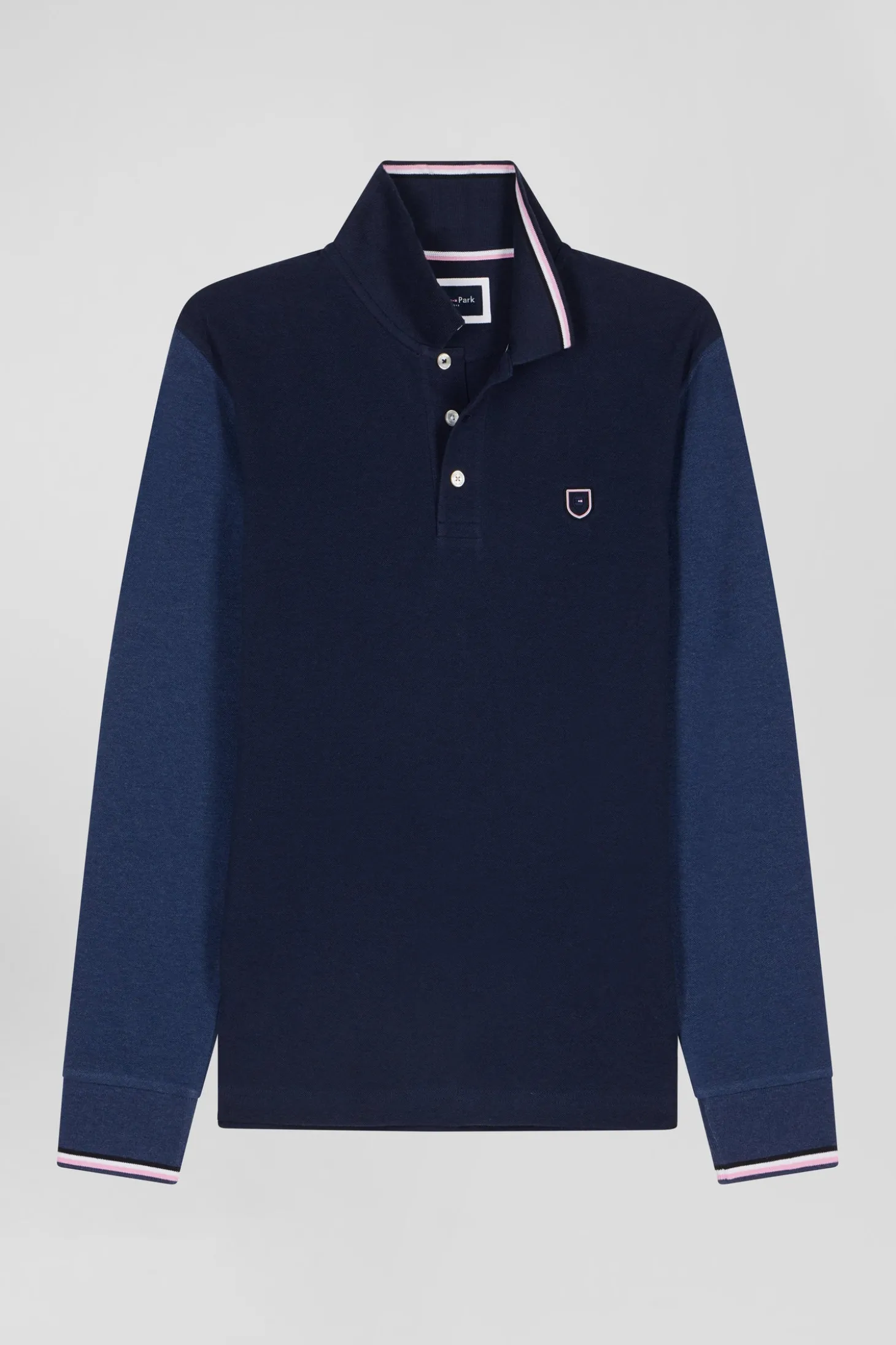 Regular navy long-sleeved cotton piqué polo shirt with jacquard collar and rubber badge