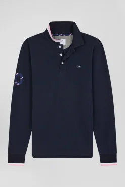 Regular navy long-sleeved cotton piqué polo shirt with XV de France embroidery
