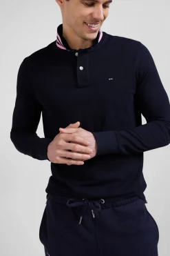 Regular navy long-sleeved cotton piqué polo shirt