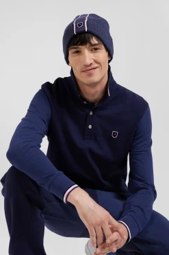 Regular navy long-sleeved cotton piqué polo shirt with jacquard collar and rubber badge