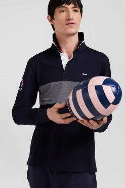 Regular navy long-sleeved cotton rugby shirt with sleeve N°10 embroidery