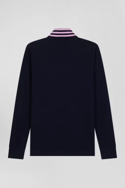 Regular navy long-sleeved cotton piqué polo shirt