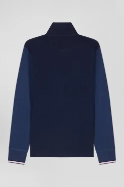 Regular navy long-sleeved cotton piqué polo shirt with jacquard collar and rubber badge