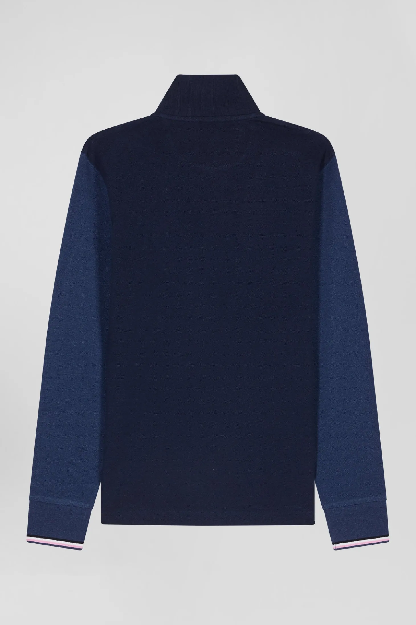 Regular navy long-sleeved cotton piqué polo shirt with jacquard collar and rubber badge
