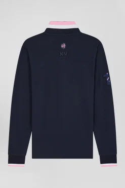Regular navy long-sleeved cotton piqué polo shirt with XV de France embroidery