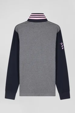 Regular navy long-sleeved cotton rugby shirt with sleeve N°10 embroidery