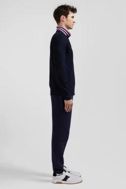 Regular navy long-sleeved cotton piqué polo shirt