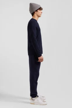 Regular navy long-sleeved cotton T-shirt with striped bow tie embroidery