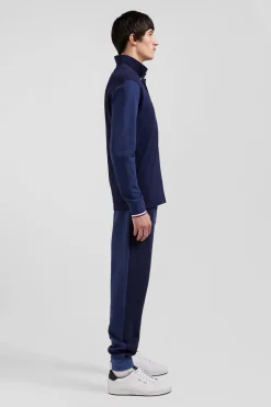 Regular navy long-sleeved cotton piqué polo shirt with jacquard collar and rubber badge