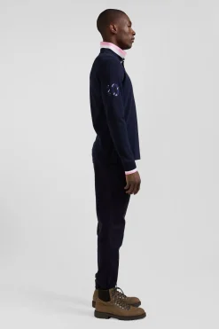 Regular navy long-sleeved cotton piqué polo shirt with XV de France embroidery
