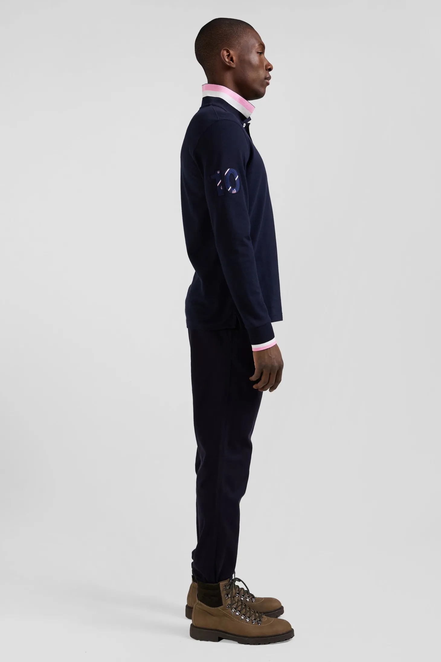 Regular navy long-sleeved cotton piqué polo shirt with XV de France embroidery