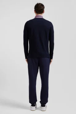 Regular navy long-sleeved cotton piqué polo shirt
