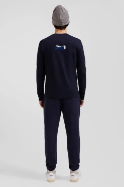 Regular navy long-sleeved cotton T-shirt with striped bow tie embroidery