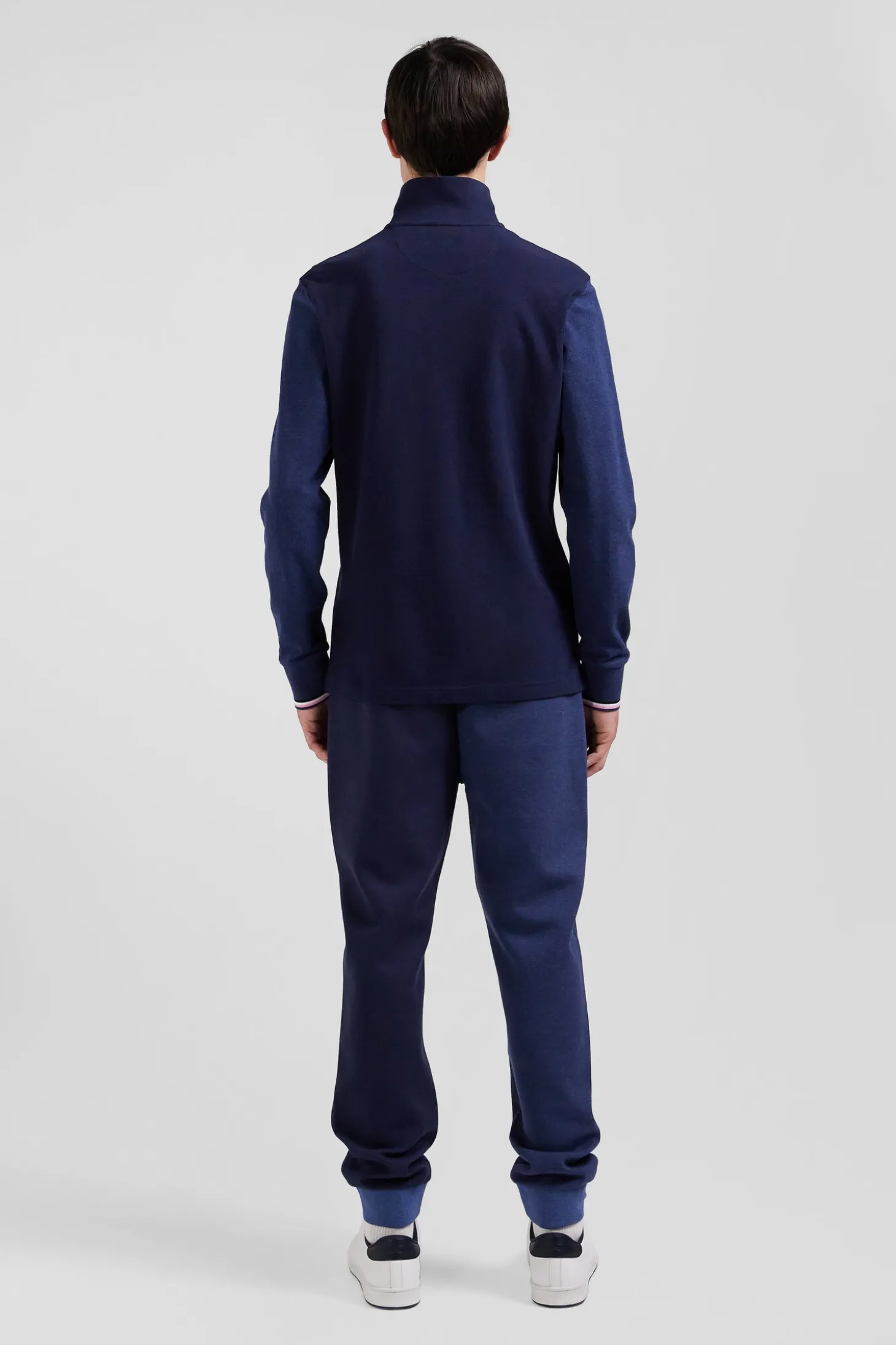 Regular navy long-sleeved cotton piqué polo shirt with jacquard collar and rubber badge
