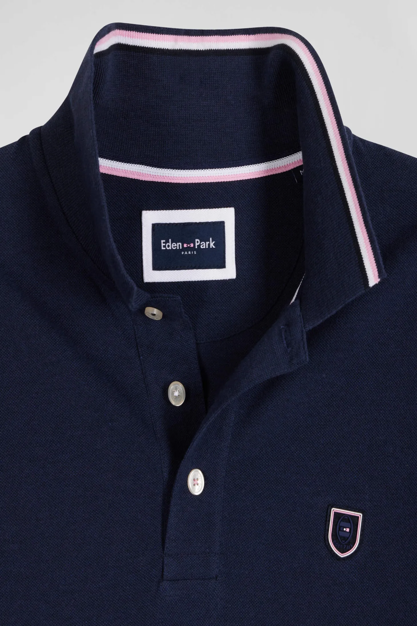 Regular navy long-sleeved cotton piqué polo shirt with jacquard collar and rubber badge