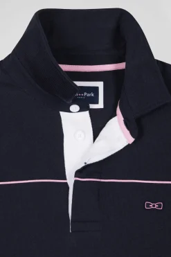 Regular navy long-sleeved cotton rugby shirt with pink piping and Eden Park embroidery