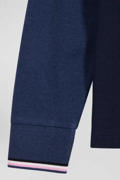 Regular navy long-sleeved cotton piqué polo shirt with jacquard collar and rubber badge