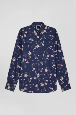 Regular navy Pima cotton poplin shirt with floral print