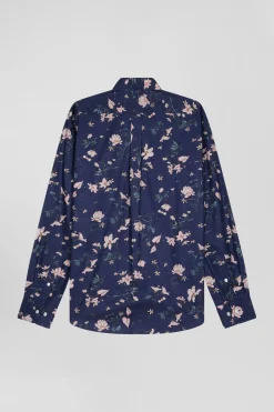 Regular navy Pima cotton poplin shirt with floral print