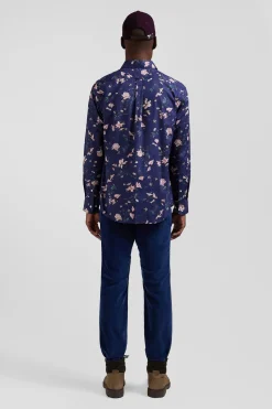 Regular navy Pima cotton poplin shirt with floral print