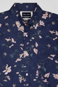 Regular navy Pima cotton poplin shirt with floral print
