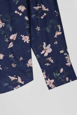 Regular navy Pima cotton poplin shirt with floral print