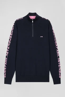 Regular navy semi-zipped cotton jumper with jacquard details