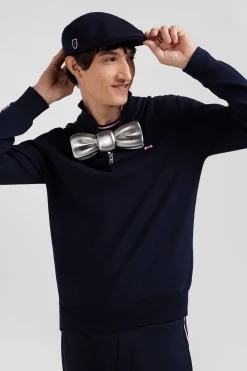 Regular navy semi-zipped cotton jumper with jacquard details