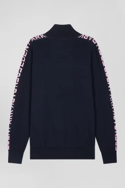 Regular navy semi-zipped cotton jumper with jacquard details