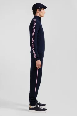 Regular navy semi-zipped cotton jumper with jacquard details