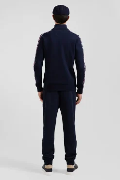 Regular navy semi-zipped cotton jumper with jacquard details