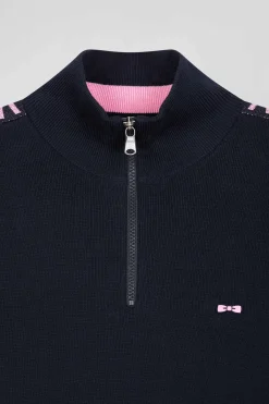 Regular navy semi-zipped cotton jumper with jacquard details