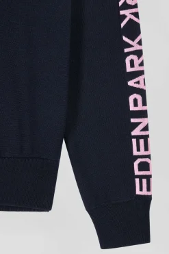 Regular navy semi-zipped cotton jumper with jacquard details